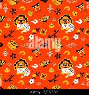 Nahtlose Cartoon chinesische Elemente. Niedlicher Druck mit traditionellen asiatischen Symbolen. Glückspilze und Löwenmaskotten. Dragon und torii. Fisch oder Bambus. Orientalisch Stock Vektor