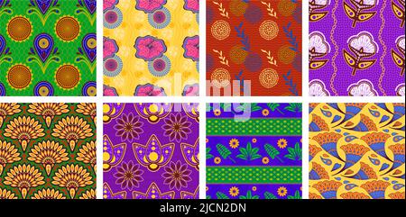 Afrikanisches Wachsmuster. Nahtlose ethnische florale Ornament, Mode Stoffdrucke Vektor-Set Stock Vektor