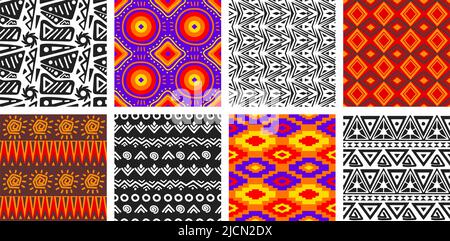 Geometrisches afrikanisches Muster. Nahtloses Fashion Motiv Textil, abstraktes Wachs Stoff Druck Vektor-Set Stock Vektor