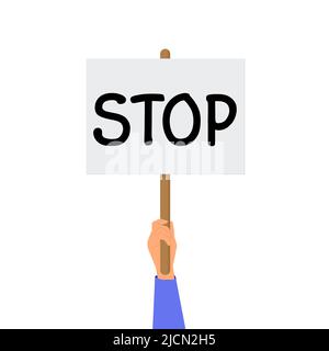 Cartoon-Hände von Demonstranten und Hand mit Megaphon und Stoppschild, Protestkonzept, Revolution, Konflikt, Vektor-Illustration in flachem Design, auf rot Stock Vektor