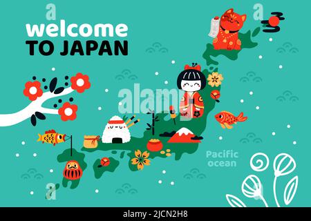 Willkommen in Japan. Karte mit traditionellen Elementen. Kulturelle Attraktion. Banner für Einladungen zu Reisen. Glückselemente und Essen. Nationale Tourismusattribute Stock Vektor