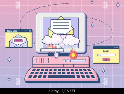 Retro-ui-E-Mail. E-Mail-Postfach mit Umschlag auf 90s Computer-Bildschirm, Internet-Nostalgie-Vektor-Illustration Stock Vektor