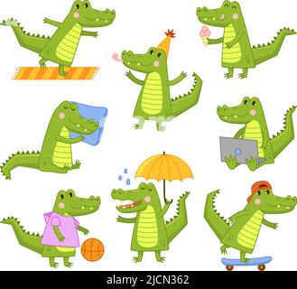 Niedliches Cartoon-Krokodil. Aligator Maskottchen in verschiedenen Aktivitäten, lustige tropische Tier Charakter und glücklich lächelnde Krokodile Vektor-Illustration gesetzt Stock Vektor