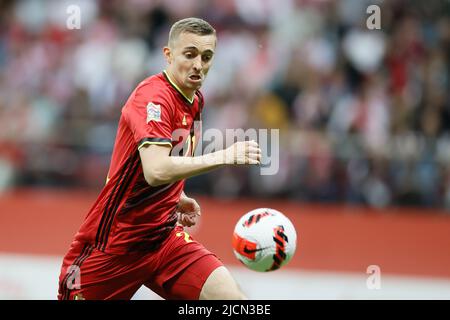 Warschau, Polen, 14/06/2022, Belgiens Timothy Castagne während eines Fußballspiels zwischen Polen und der belgischen Nationalmannschaft die Roten Teufel, Dienstag, 14. Juni 2022 in Warschau, Polen, das vierte Spiel (von sechs) in der Nations League A Gruppenphase. BELGA FOTO BRUNO FAHY Stockfoto