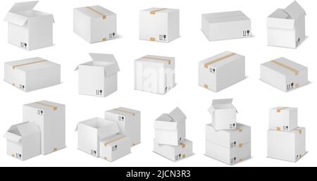 Realistischer Briefkasten. Weißes Papppaket, gestapelte Schachteln und zerbrechliche Paketverpackung 3D Mockup Vektor-Set Stock Vektor