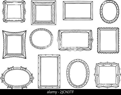 Handgezeichnete Bildränder. Skizze Fotorahmen, rechteckige und runde Formen von Vintage-Doodle-Frames Vektor-Set Stock Vektor