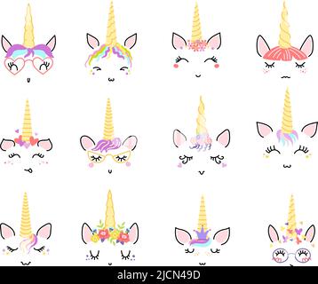 Einhorn-Gesichter. Niedliche Ponyfacial Mimik mit Regenbogenhaar, schönen Wimpern und goldenem Horn mit Blumenkranz auf dem Kopf Stock Vektor