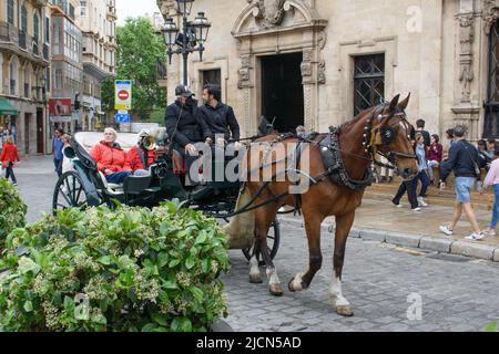 Palma de Mallorca, Mallorca, Spanien - 05.03.2022: Touristen fahren in offener Pferdekutsche auf den Straßen von Palma Stockfoto