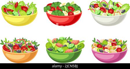 Cartoon-Salatschüssel. Gesunde Lebensmittel, gehacktes rohes Gemüse und Salat in Schalen Vektor-Set serviert Stock Vektor