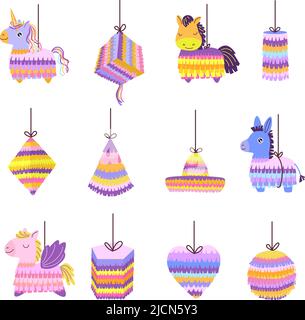 Cartoon-Pinatas. Mexikanischer Esel Spielzeug für Party-Feier, Pony Pferd Tier Geburtstag Pinata und Papier Einhorn Vektor-Set Stock Vektor