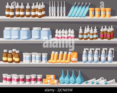 Apotheken Regale mit Medikamenten. Pharmazeutika, Medikamentenflaschen, Medikamente und Pillen im Regal Cartoon-Vektor-Illustration Stock Vektor