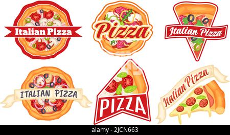 Pizza-Abzeichen. Italienisches Restaurant Etikett, Pizzeria Abzeichen und Pizza Slice Vektor Illustration Set Stock Vektor