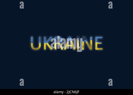 Der Text Ukraine ist auf einem blauen Hintergrund in der Farbe der Flagge der Ukraine in einem hellen Wirbel von Schatten geschrieben, stoppen Sie den Krieg 2022 Stockfoto