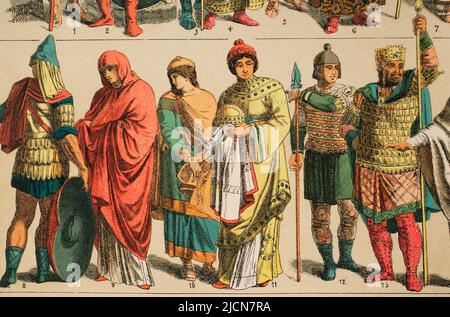 Byzantiner (700-1000). Von links nach rechts, 8: Königlicher Soldat, 9: Frauenanzug, 10: Arbeitsanzug. Mütze, 11: Weibliches Hauptperson-Outfit, 12: Modernstes Krieger-Outfit und 13: Haupt-Krieger- oder König-Outfit. Chromolithographie. „Historia Universal“ von Cesar Cantú. Volumen IV Veröffentlicht in Barcelona, 1881. Stockfoto