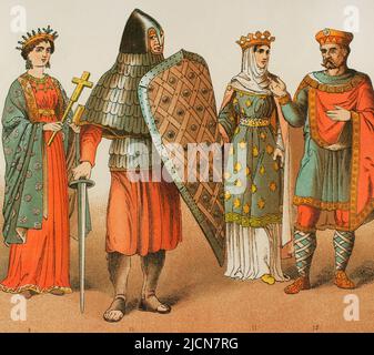 Europa. Frühes Mittelalter. 8.-9. Jahrhunderte. Frankish Kingdom. Karolingische Dynastie. Von links nach rechts. 9: Kaiserin von 800, 19: Krieger, 11: Prinzessin, 12: Karl der große. Chromolithographie. 'Historia Universal' (Universal History), von César Cantú. Volumen IV Veröffentlicht in Barcelona, 1881. Stockfoto