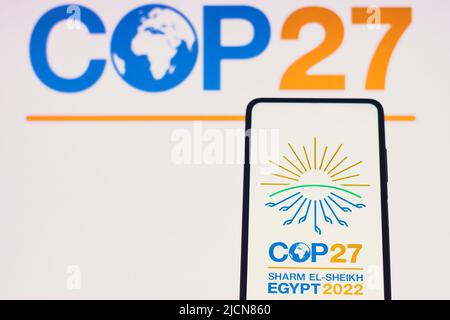 Brasilien. 14.. Juni 2022. In dieser Abbildung ist das Logo der UN-Klimakonferenz COP27 2022 auf einem Smartphone-Bildschirm zu sehen.die UN-Klimakonferenz COP27 2022 findet vom 7-18. Bis zum 20. November 2022 in Sharm El-Sheikh, Ägypten, statt. Kredit: SOPA Images Limited/Alamy Live Nachrichten Stockfoto