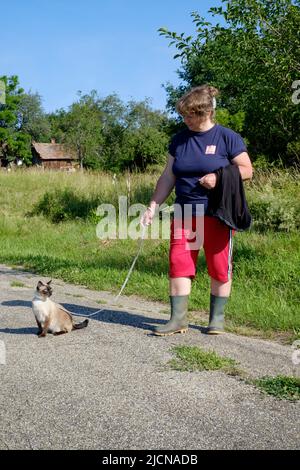 Frau zu Fuß Haustier siam Katze auf Blei in ländlichen Landstraße zala County ungarn Stockfoto