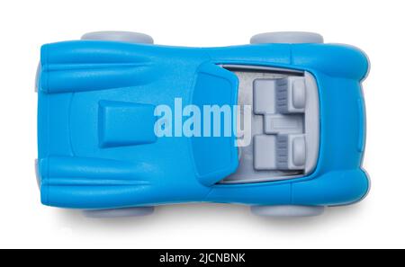 Blauer Kunststoff Spielzeug Auto Top View Ausschnitt auf Weiß. Stockfoto