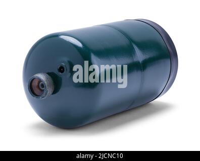 Grüner Propan-Tank mit Spitze, auf Weiß ausgeschnitten. Stockfoto