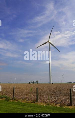 Winderzeugter Strom mit Hilfe von Tubinen auf den Feldern eines Bauernhofes in Ohio. Vertikales Bild. Stockfoto