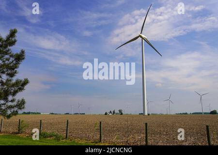 Winderzeugter Strom mit Hilfe von Tubinen auf den Feldern eines Bauernhofes in Ohio Stockfoto