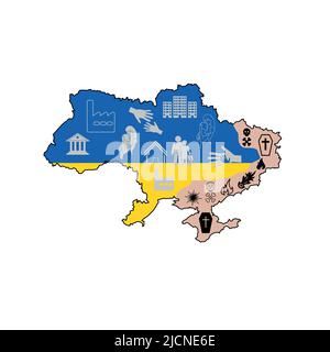 Krieg in der Ukraine, russische Invasion der Ukraine. Infografik, ukrainische Karte als Symbol für politischen Konflikt und militärische Aggression. Karte der russischen Invas Stock Vektor