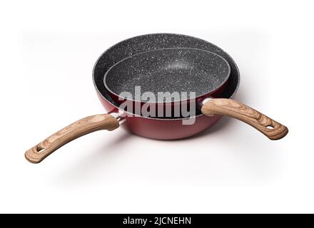 Antihaft-Bratpfannen isoliert auf weißem Hintergrund. Stockfoto