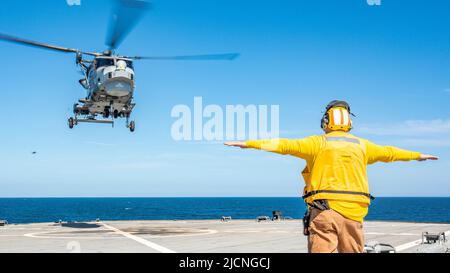 Ein militärischer Sealift Command-Marinesolder führt einen Royal Navy AgustaWestland AW159 Wildcat, der an den Luftverteidigungszerstörer HMS Defender (D 36) befestigt ist, um an Bord des Kommandos und Kontrollschiffs USS Mount Whitney (LCC 20) der Blue Ridge-Klasse in der Ostsee zu landen, 12. Juni 2022 während der Übung BALTOPS22. BALTOPS22 ist die wichtigste maritime Übung im Baltikum. Die von den US-Marinestreitkräften Europa-Afrika geleitete und von den Naval-Streikkräften und der NATO durchgeführte Übung bietet eine einzigartige Schulungsmöglichkeit, um die für die Präs kritischen kombinierten Reaktionsfähigkeiten zu stärken Stockfoto