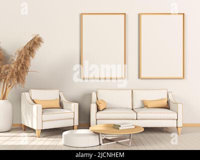 Zwei imitierte Posterrahmen mit großem Pflanzen- und Stoffsessel im modernen Innenhintergrund 3D Render 3D Illustration Stockfoto