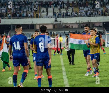 Kalkutta, Westbengalen, Indien. 14.. Juni 2022. INDIEN gegen HONGKONG AFC Asian Cup Qualifiers: India Thrash Hong Kong 4-0 beim letzten Spiel der AFC Asian Cup 2023 Qualifiers Final Round Group D im Salt Lake Stadium (Vivekananda Yuba Bharati Krirangan), Kalkutta, Indien am 14.. Juni 2022. Anwar Ali, Sunil Chhetri, Manvir Singh und Ishan Pandita waren die Torschützer für das indische Team. (Bild: © Amlan Biswas/Pacific Press via ZUMA Press Wire) Stockfoto