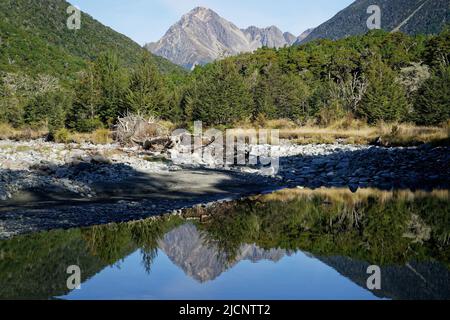 Mount Travers im Hintergrund spiegelte sich in einem Pool im Travers River, im Nelson Lakes National Park, Aotearoa / Neuseeland. Stockfoto