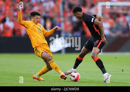 Rotterdam, Niederlande. 14.. Juni 2022. Cody Gakpo (R) aus den Niederlanden spielt mit Ethan Ampadu aus Wales während des Fußballspiels der Gruppe 4 in der Liga A der UEFA Nations League zwischen den Niederlanden und Wales in Rotterdam, Niederlande, 14. Juni 2022. Quelle: Zheng Huansong/Xinhua/Alamy Live News Stockfoto