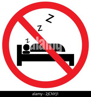 Kein Schlafsymbol auf weißem Hintergrund. Schlafen ist hier nicht erlaubt Schild. Kein Kissen Symbol. Flacher Stil. Stockfoto