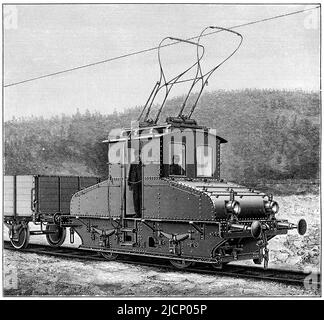 Elektrische Lokomotive mit Standardspurweite. Veröffentlichung des Buches 'Meyers Konversations-Lexikon', Band 2, Leipzig, Deutschland, 1910 Stockfoto