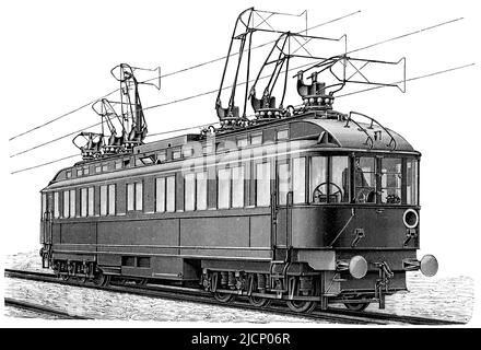 Kraftfahrzeug des elektrischen Schnelltransportsystems. Veröffentlichung des Buches 'Meyers Konversations-Lexikon', Band 2, Leipzig, Deutschland, 1910 Stockfoto