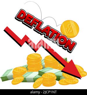 Deflation mit rotem Pfeil nach unten und Münzen Illustration Stock Vektor