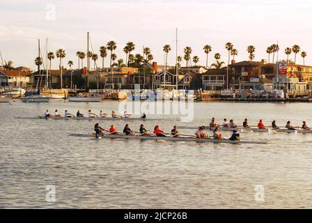 Mehrere Crew-Teams demonstrieren Teamwork, während sie an einem Sommertag in Newport Beach, Orange County, Kalifornien, bei einem Rennen in Balboa Bay hart rudern Stockfoto