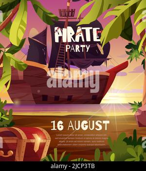 Poster zur Piratenparty-Einladung. Segelndes Piratenschiff mit schwarzen Fahnen im Meer. Stock Vektor