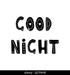 Gute Nacht Schriftzug. Handgezeichneter skandinavischer Satz und Inspirationszitat. Hygge Kinderposter. Vektor-Illustration im flachen Cartoon-Stil. Toll Stock Vektor