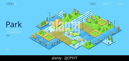 Eco Park Poster mit isometrischer Sommerlandschaft mit grünen Bäumen, Gras, Holzbänken und Schaukeln. Vector Banner der Stadt öffentlichen Garten mit Café, Verkaufsautomaten und Spielplatz Stock Vektor