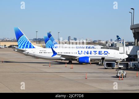 Drei Flugzeuge von United Airlines parkten und werden von Rampenagenten am Terminal E des Dallas Fort Worth International Airport (DFW Airport) bedient. Der Plan Stockfoto