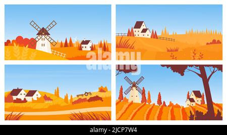 Dorf Herbst Landschaft mit Mühle, Weizenfarm Felder Vektor Illustration Set. Cartoon Landwirtschaft Landschaft mit Häusern, Windmühle und Weinberg auf dem Land, Traktor Ernte Hintergrund Stock Vektor