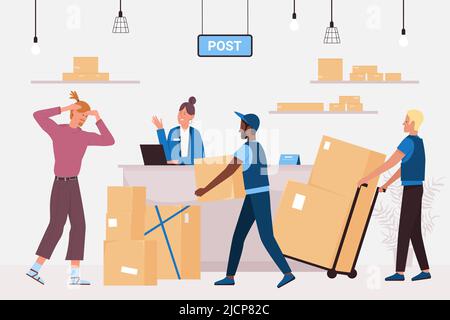 Der Kunde erhält Pakete am Schalter der Post. Cartoon-Postarbeiter tragen Frachtkisten mit Waren auf einem Handwagen, der Angestellte steht an der Rezeption, flache Vektorgrafik. Lieferkonzept Stock Vektor
