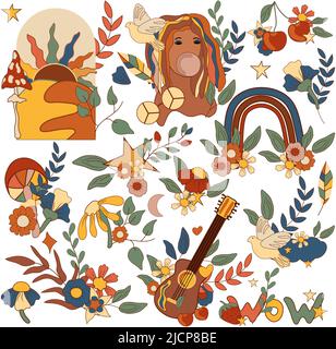 70s groovy Element, Retro girl, Sonne, bunte Blumen, Blätter, Pilz, Vogel, Regenbogen und Schriftzug. Niedliche Kompositionen im Vintage-Hippie-Stil. Vektorgrafik. Stock Vektor