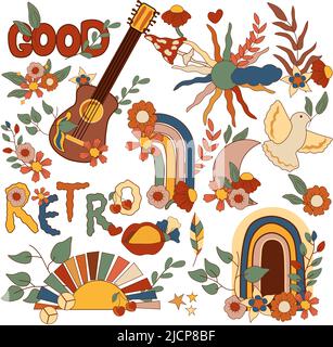 Nette Kompositionen 70s grooviges Element, alte Gitarre, Sonne, bunte Blumen, Blätter, Pilz, Taube, Retro-Regenbogen und Schriftzug. Vintage-Hippie-Style. Vektorgrafik. Stock Vektor