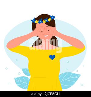 Unterstützung und Gebete, um die Ukraine von glücklichen schönen Mädchen zu retten. Cartoon Frau in traditionellen Kranz von Blumen auf dem Kopf, gelbes Kleid mit blauem Herz zeigt Geste der Liebe flach Vektor-Illustration Stock Vektor