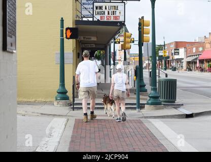 Ein Mann und eine Frau (Mann und Frau) gehen mit ihrem Hund über die Straße, während das Schild „kein Gehen“ blinkt Stockfoto