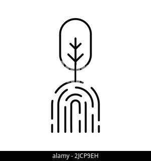 Baum mit Symbol für die Linie der Fingerabdruckwurzeln. CO2-Fußabdruck-Konzept. Emissionsfrei. CO2-neutral. CO2-Offset-Idee. Wiederaufforstung. Umgebungsvektor. Stock Vektor