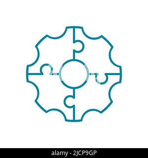 Blaues Symbol für die Rätsellinie. Industrie- und Engineering-Konzept. Innovative Technologieidee. Zahnrad und ein Puzzle. Teamarbeit und Strategie. Vektor Stock Vektor