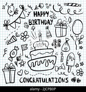 Set von Happy Birthday Kritzeleien Elemente . Handgezeichnete Vektorgrafik. Skizze von Ballon, Party-Dekoration, Geschenkbox, Kuchen, Party-Hüte. Stock Vektor